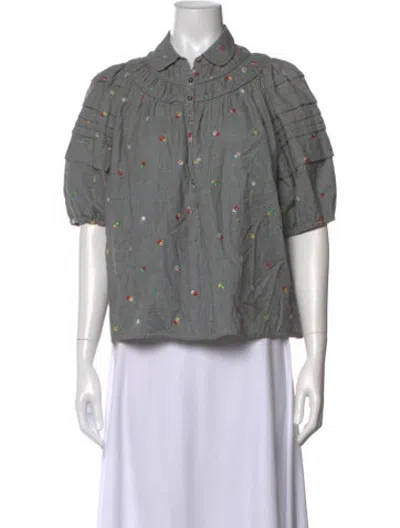 Pre-owned The Great Floral Print Short Sleeve Blouse In Grey