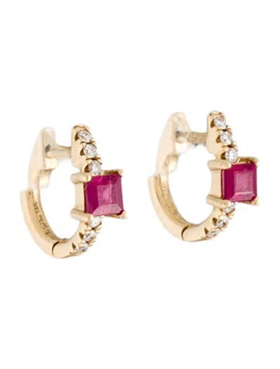 Pre-owned The Last Line 14k Ruby & Diamond Huggie Hoops In Multicolor