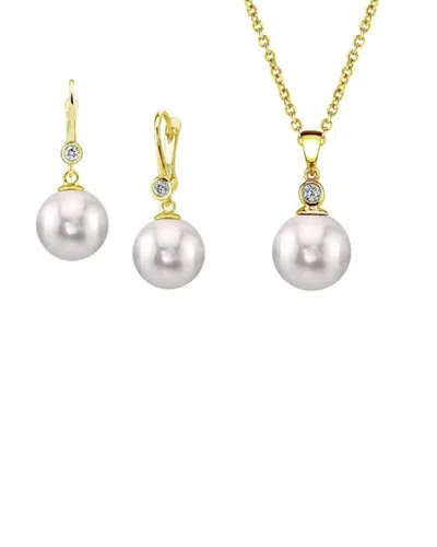 The Pearl Source 14k Gold White Akoya Cultured Pearl & Diamond Michelle Jewelry Set In Yellow Gold