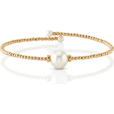The Pearl Source 14k Gold White Freshwater Pearl Beaded Bangle Bracelet In Yellow Gold Base