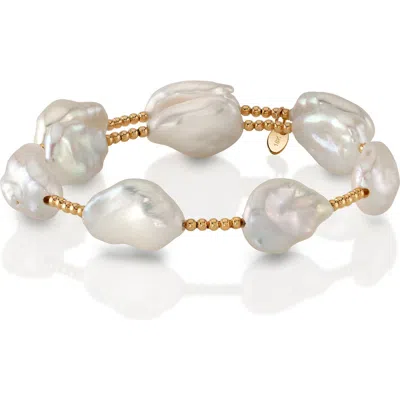 The Pearl Source 18k Gold White Baroque Freshwater Pearl Beaded Bangle Billie Bracelet In Yellow Gold Base