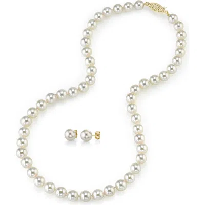 The Pearl Source 8.0-8.5mm Japanese White Akoya Pearl Necklace & Earrings In Yellow Gold