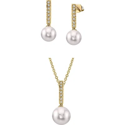 The Pearl Source Akoya Pearl Dangling Diamond Pendant & Earrings In Yellow Gold
