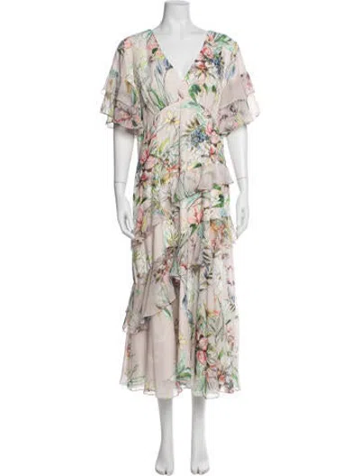 Pre-owned Theia Floral Print Midi Length Dress In Pink