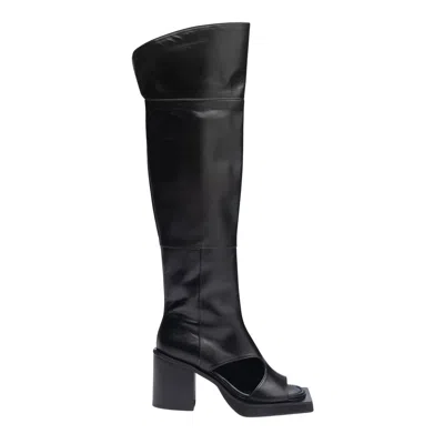 Then Black Open-toe Knee-high Leather Boots