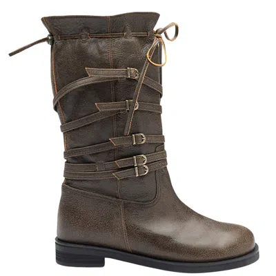 Then Brown Leather Multi‑strap Buckle Mid‑calf Boots