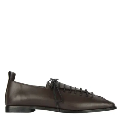 Then Brown Square-toe Lace-up Leather Flats