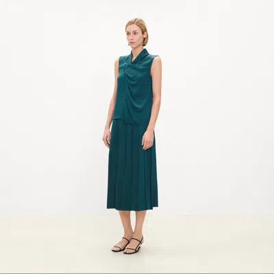 Theory Pleated Wrap Skirt In Satin In Dark Pine