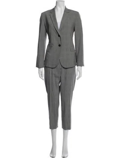 Pre-owned Theory Wool Plaid Print Pantsuit In Silver