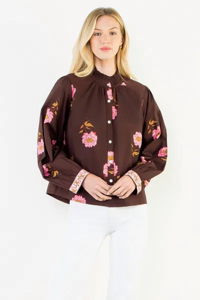 Thml Long Sleeve Floral Top With Pattern Cuff In Brown
