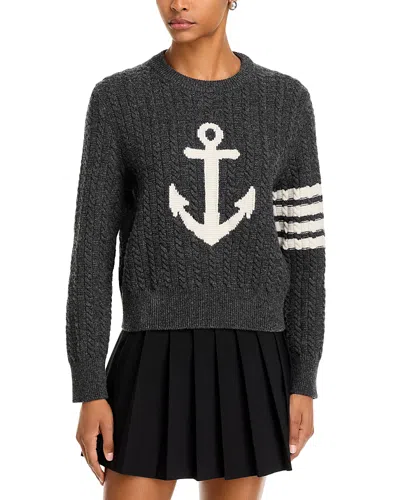Thom Browne Anchor Intarsia Cable Knit Sweater In Gray