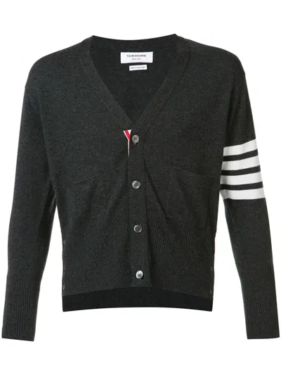 Thom Browne Classic Short V Neck Cardigan With White 4 Bar Stripe In Cashmere In Gray