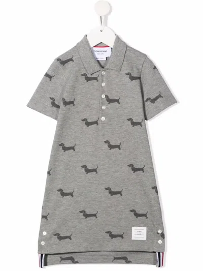 Thom Browne Kids' Dog-print Polo-collar Dress In Grey