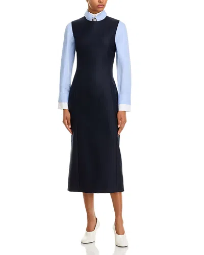 Thom Browne Herringbone Heavy Wool Pencil Midi Dress In Navy