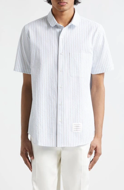 Thom Browne Straight Fit Stripe Cotton Seersucker Button-up Shirt In Light Blue