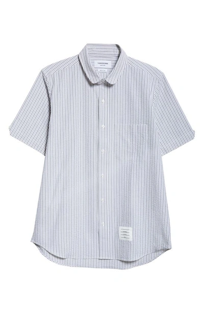 Thom Browne Straight Fit Stripe Cotton Seersucker Button-up Shirt In Silver