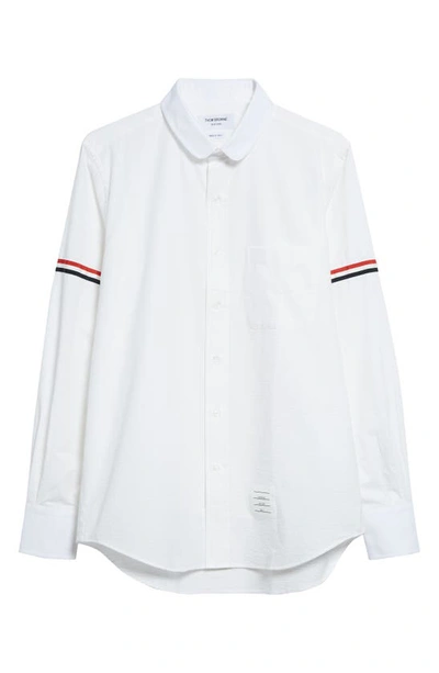 Thom Browne Straight Fit Stripe Trim Cotton Seersucker Button-up Shirt In White