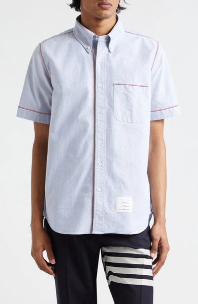 Thom Browne Tricolor Trim Short Sleeve Cotton Button-down Shirt In Sky Blue