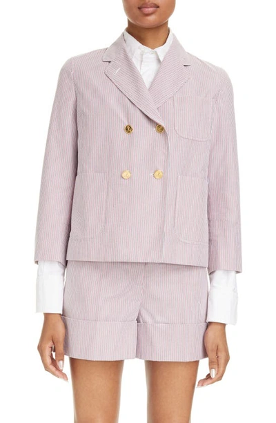 Thom Browne Unconstructed Fit Stripe Crop Double Breasted Blazer In Pink/ White