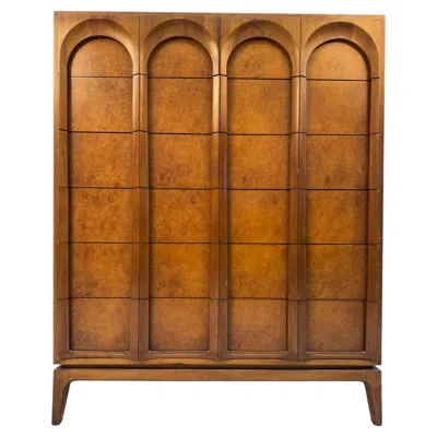 Pre-owned Thomasville Mid-century Sculptural Arched Walnut And Burlwood Highboy Dresser By  In Brown