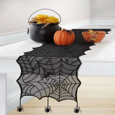 Threadmade Crawling Halloween Spider Lace Table Runner In Black