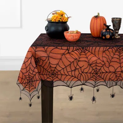 Threadmade Crawling Web Lace Halloween Tablecloth With Orange Liner Black