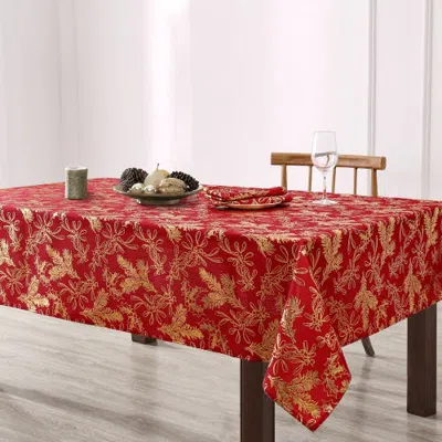 Threadmade Foil Woodland Holiday Fabric Tablecloth In Red