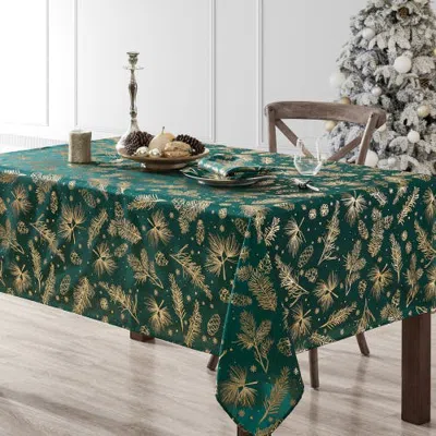 Threadmade Pine Foil Fabric Holiday Tablecloth In Green