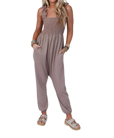 Three Bird Nest Willow Smocked Harem Jumpsuit In Coco In Brown