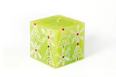 Thumbprint Artifacts Whimsy Christmas Painted Cube Candle In Green