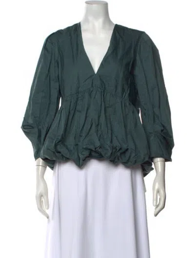 Pre-owned Tibi V-neck Three-quarter Sleeve Blouse In Green