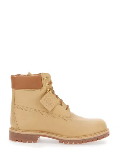 Timberland Men's Waterproof Leather Ankle Boots With Logo Plate And Lace-up In Beige