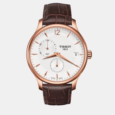 Pre-owned Tissot Brown Leather Watch 42 Mm In White