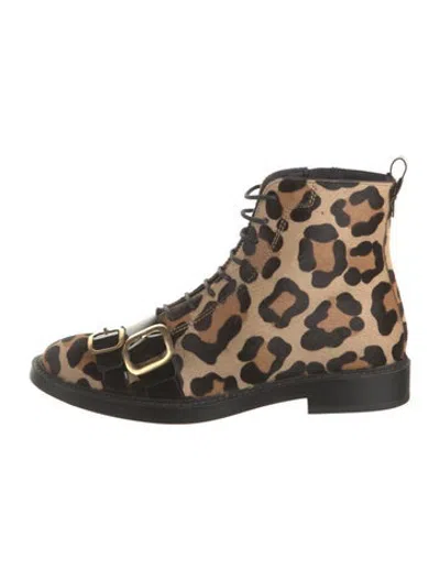 Pre-owned Tod's Ponyhair Animal Print Combat Boots In Brown