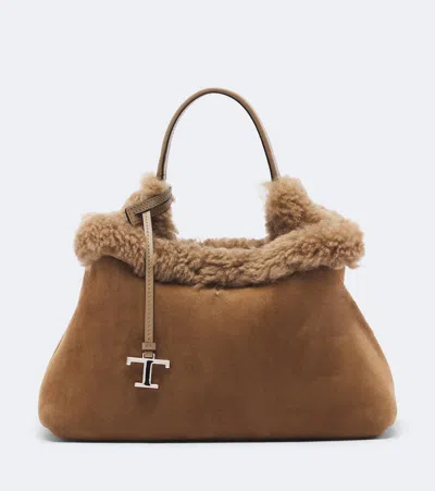Tod's T Timeless Shearling-lined Suede Tote Bag In Brown