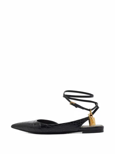 Pre-owned Tom Ford Padlock Ankle-strap Ballet Flats In Black