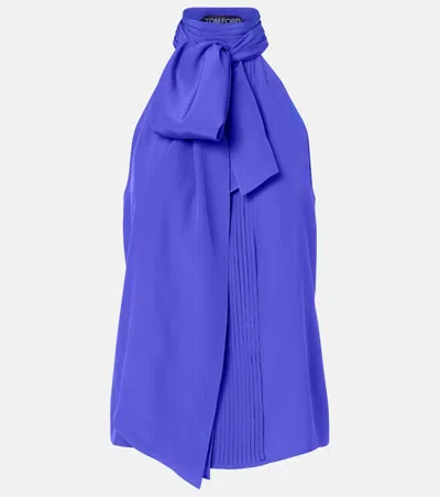 Tom Ford Pleated Silk-crepe De Chine Blouse In Blue