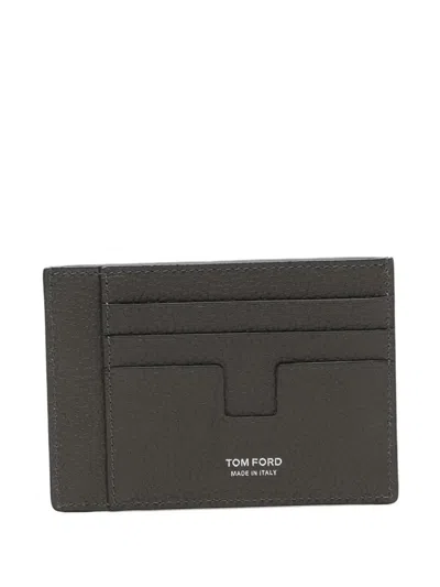 Tom Ford Soft Grain Leather T Line Oversize Card Holder In Gray