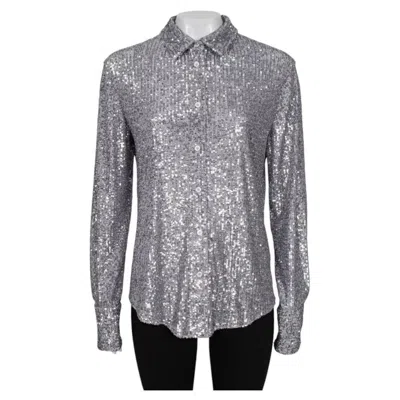 Pre-owned Tom Ford Ss22 Silver Sequin Blouse It 42 M Button Front Long Sleeve