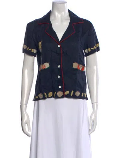 Pre-owned Tombolo Linen Printed Button-up Top In Blue