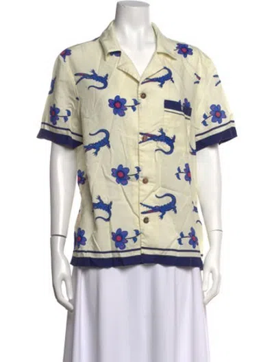 Pre-owned Tombolo Printed V-neck Button-up Top In Neutrals