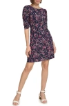 Tommy Hilfiger Ditsy Floral Ruched Sleeve Jersey Shift Dress In Sky Captain/ Hot Pink