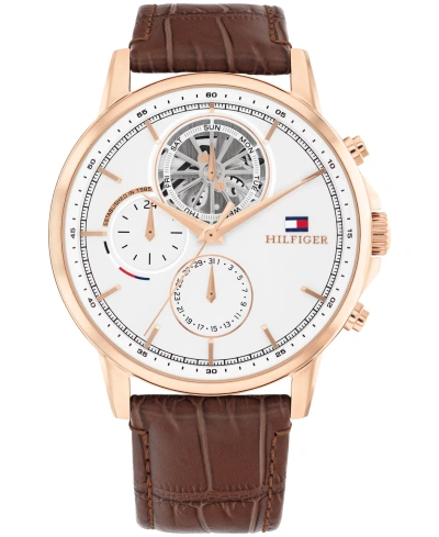 Tommy Hilfiger Men's Multifunction Brown Leather Watch 44mm In Silver