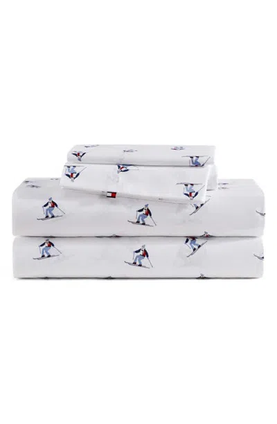 Tommy Hilfiger Ski Slopes 200 Thread Count Cotton Percale Sheet Set In White/blue