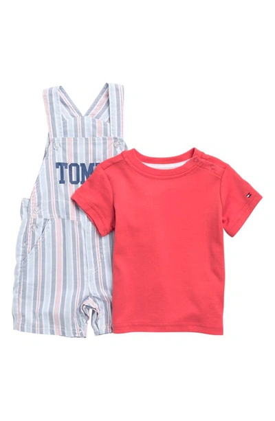 Tommy Hilfiger Babies' Solid Tee & Stripe Shortall Set In Blue/ Red
