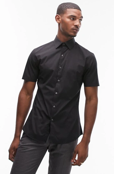 Topman Slim Fit Short Sleeve Stretch Cotton Button-up Shirt In Black