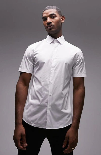 Topman Slim Fit Short Sleeve Stretch Cotton Button-up Shirt In White