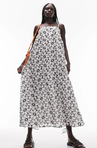 Topshop Floral Embroidered Swing Sundress In White Multi