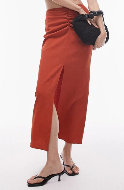 Topshop Ruched Midi Skirt In Rust