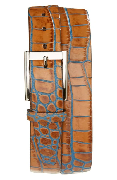 Torino Croc Embossed Leather Belt In Tan/ Blue